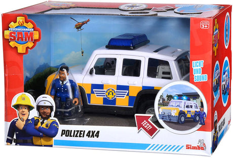 Simba Feuerwehrmann Sam Polizeiauto-Spielzeug mit Malcolm-Spielfigur.