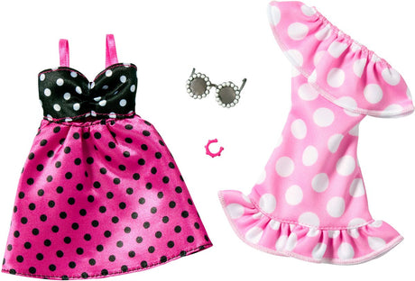 Mattel Barbie 2er-Pack Kleidung, Outfit und Accessoires – 2 gepunktete Sommerkleider, Sonnenbrille und Armband