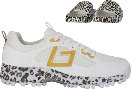Brabo tribute junior turf hockeyschoenen white gold leopard met slides