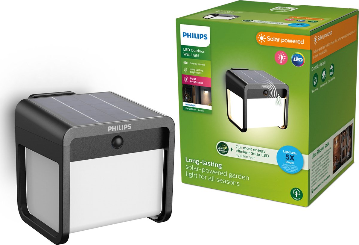 Philips led philips ezra wandlamp - ultraefficient led - solar buitenlamp - helder warm licht; 3000k - zwart - bewegingssensor - zonne-energie - schemersensor