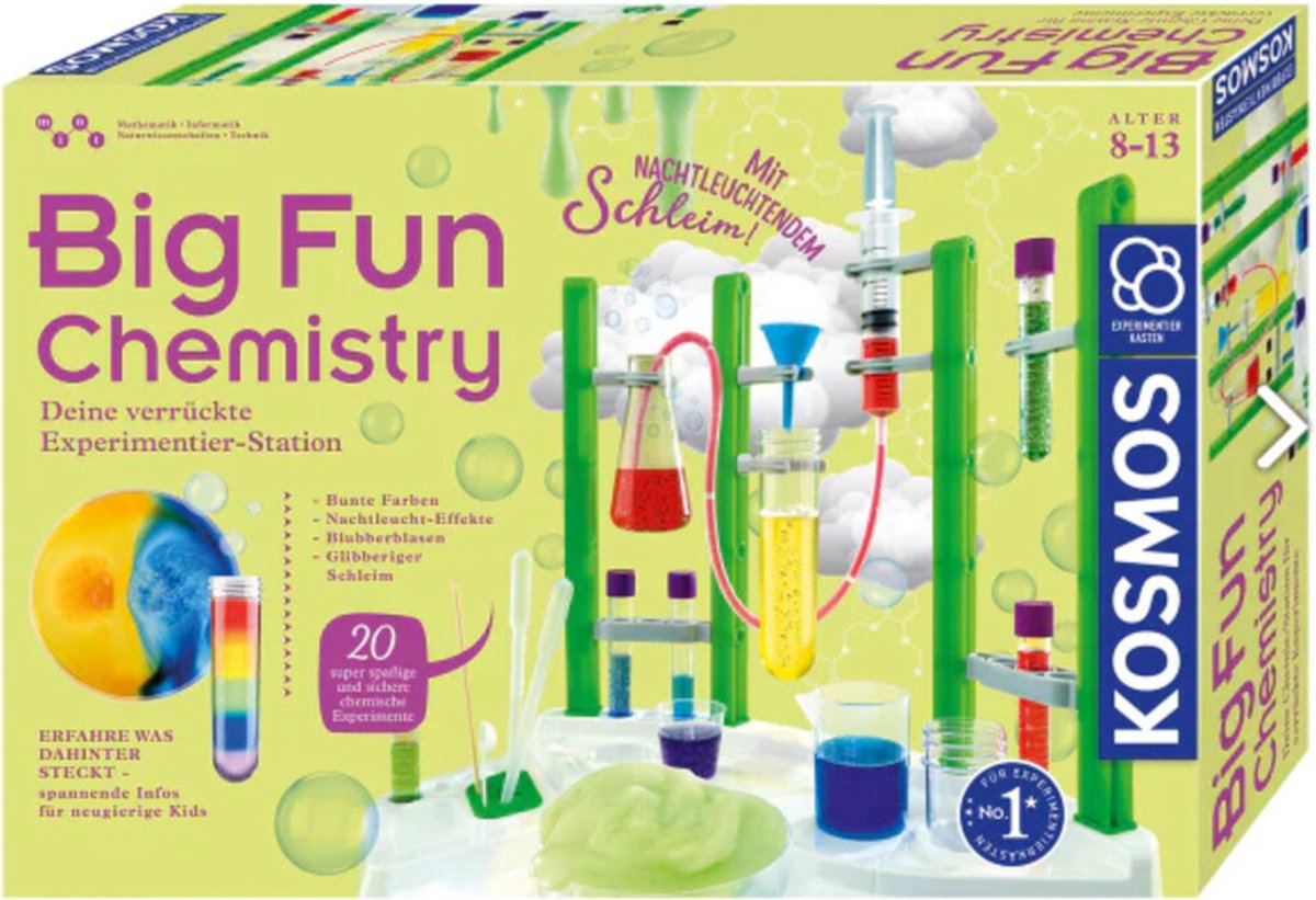 Kosmos Big Fun Chemie – Experimentierset – 17-teilig – 20 Experimente – inklusive im Dunkeln leuchtendem Schleim – Chemielabor