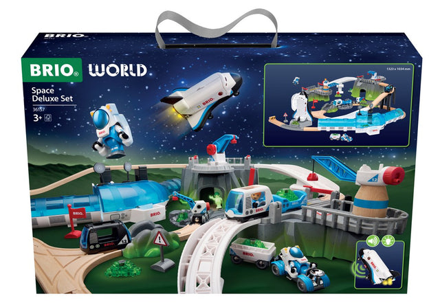 Brio world space deluxe set - houten treinbaan met spaceshuttle en astronauten - 56-delig