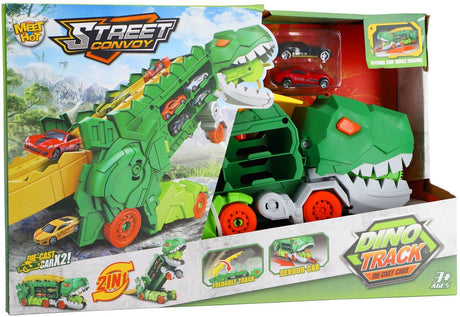 Kein Marken-Kiddygo-Transporter-Dino-Spielzeug mit 2 Druckgussautos und Rennstrecke.