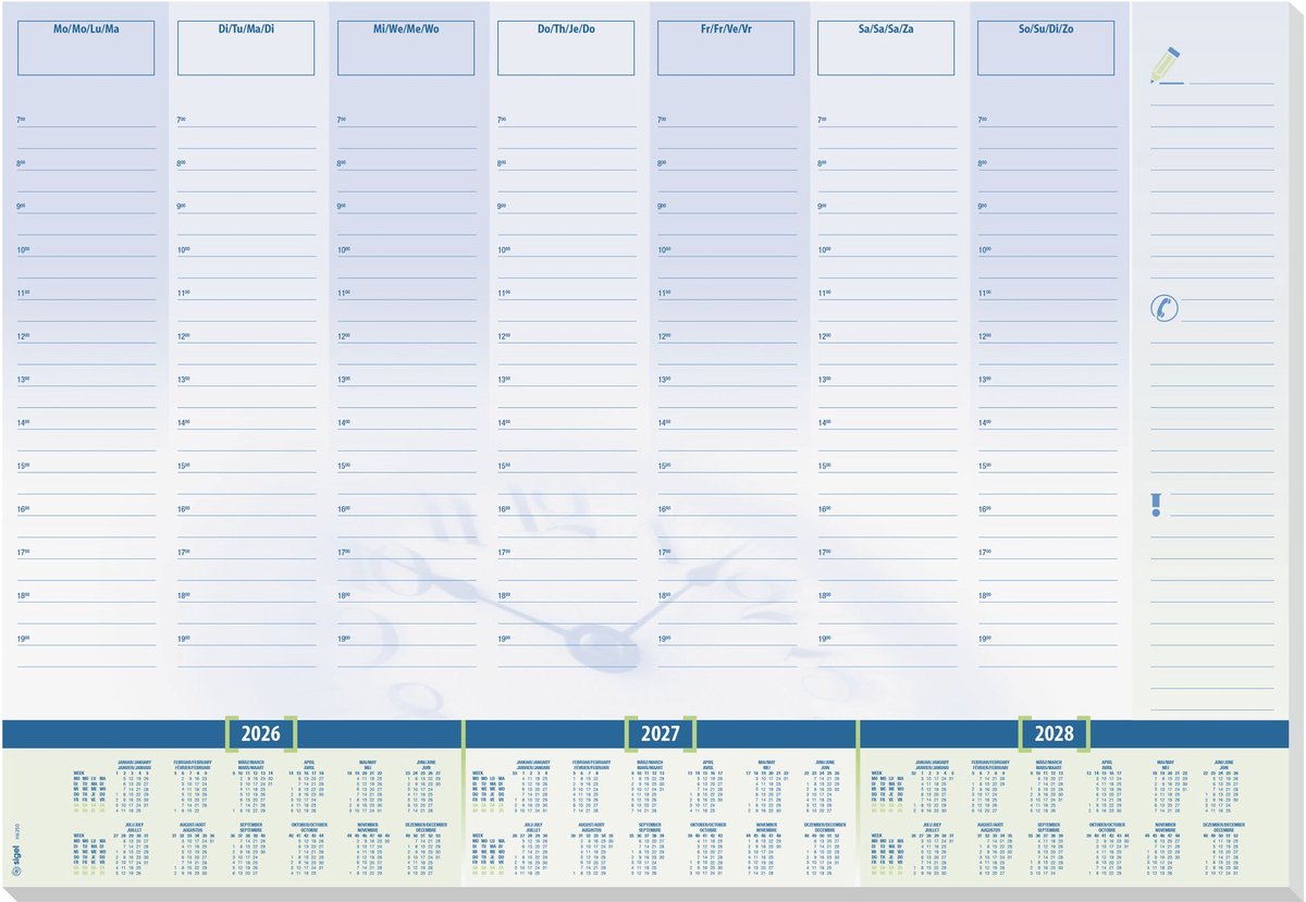 Sigel Schreibtischunterlage Zeit mit Kalender 2026 2027 2028 Format A2 30 Blatt zerreißbar