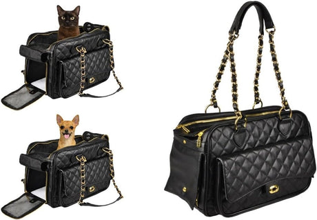 Flamingo Tragetasche Hund – Tragetasche Katze – Gigi Schwarz – 40 x 22 x 28 cm – Kunstleder – Belüftungsnetz – abnehmbares Kissen – Aufbewahrungsfach mit Drehverschluss – Reisetasche Hund Reisetasche Katze
