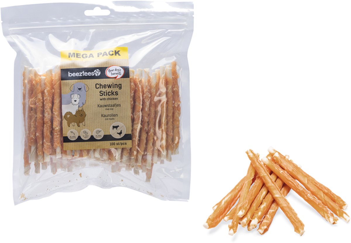 Beeztees Hähnchen-Kaustangen 100 Stück – 12,5 cm – Megapack – Hundesnacks – Hunde-Kaustangen – Rindfleisch mit Hühnergeschmack