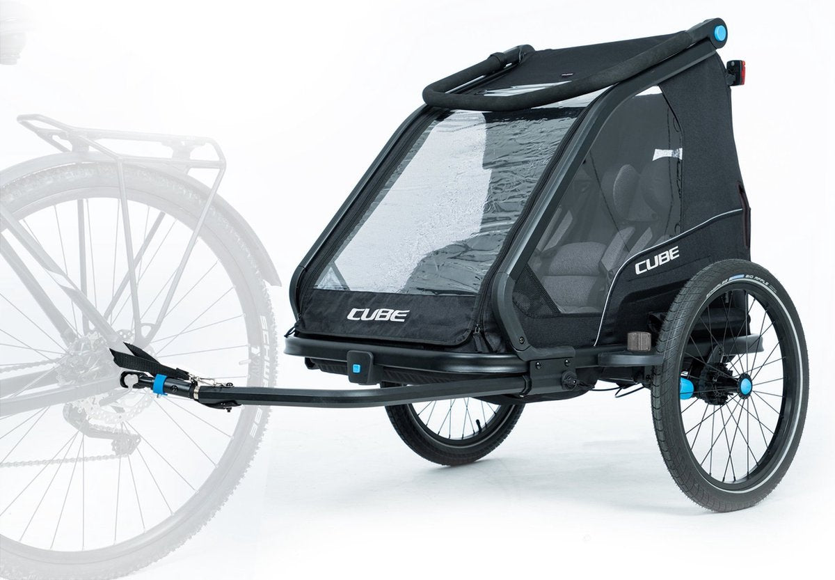 Cube Double Cmpt Trailer – Kinderanhänger für zwei Personen – Fahrradanhänger und Kinderbuggy in einem – Kinderanhänger resistent gegen alle Wetterbedingungen – mit 70l Gepäckraum – Schwarz