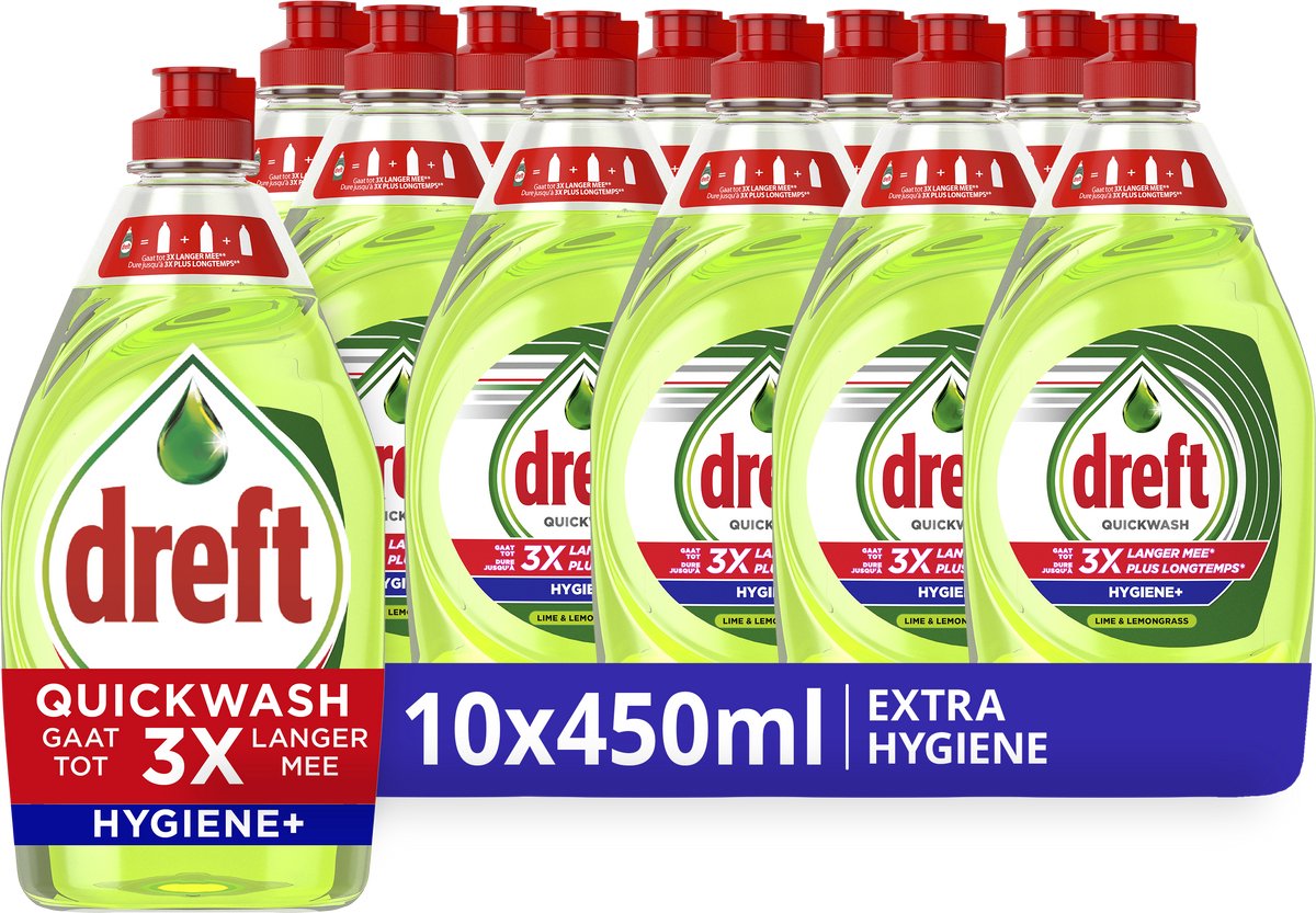 Dreft Quickwash Extra Hygiene Flüssig-Geschirrspülmittel – 10 x 450 ml