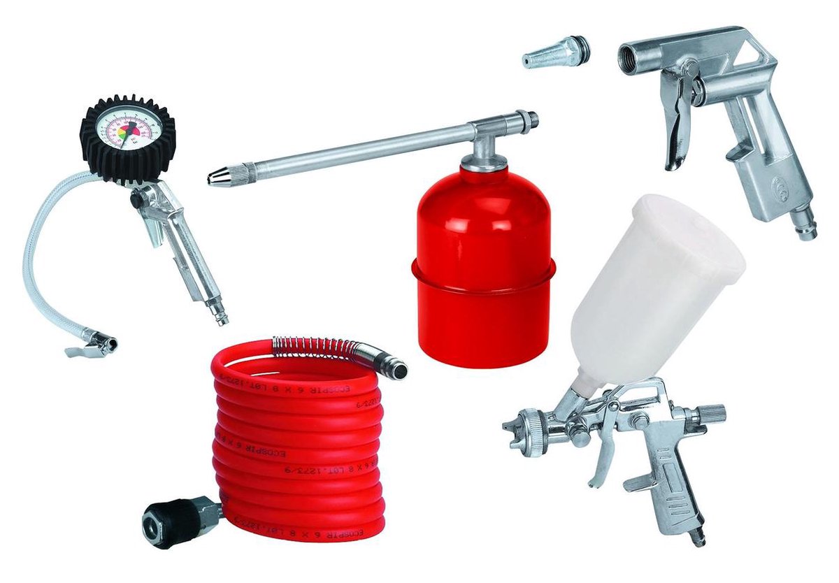 Einhell Druckluft-Zubehörset - 5-teilig - inkl. Blaspistole, Spiralschlauch, Spritzpistole, Farbspritzpistole mit Aufsatzbecher, Reifendruckmesser