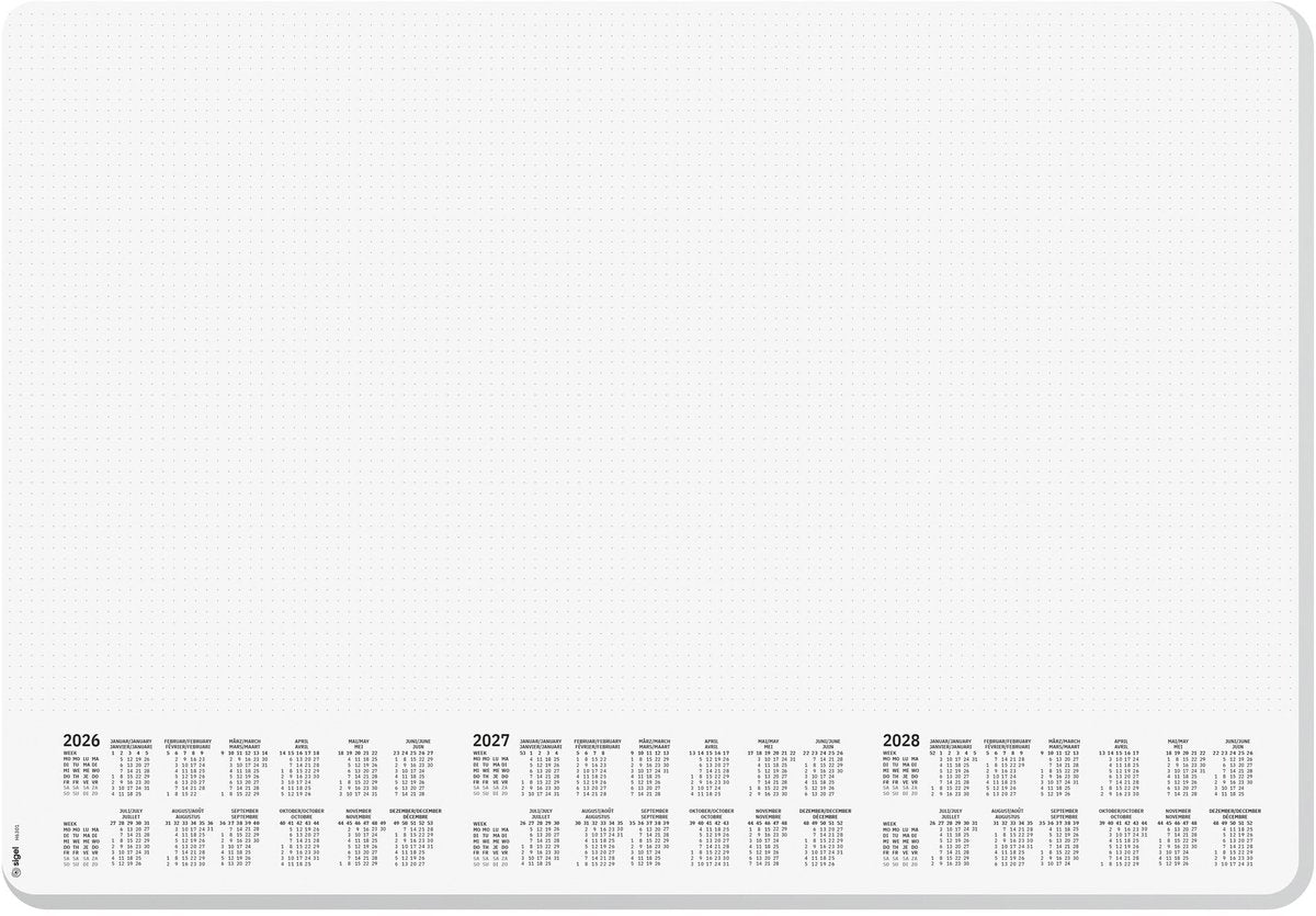 Sigel Schreibtischunterlage – punktliniert – weiß – Größe A2 – mit Kalender 2026 2027 2028 – mit runden Ecken – si-h6301