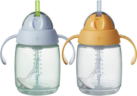 Tommee Tippee Strohhalmbecher – 2 Stück – 240 ml – mit Griffen und beschwertem Silikonstrohhalm – für Kleinkinder ab 6 Monaten und mehr – Blau und Orange