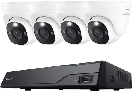 Reolink 4K UHD POE Sicherheitskamerasystem NVS8-8MD4 – 8-Kanal NVR mit integrierter 2 TB Festplatte – 4 Stück 4K 8MP POE kabelgebundene Dome-Kameras mit Personen- und Fahrzeugerkennung – 30 m gestochen scharfe Nachtsicht – Aufzeichnung rund um die Uhr