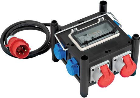 Brennerstuhl Kompakt-Gummi-Stromverteiler mit zertifiziertem Schutzschalter (2m Kabel, 2x Cee 400V 16A, 5x 230V 16A, Baustelleneinsatz und Dauereinsatz im Freien, mit FI-Schalter, Made in Germany)