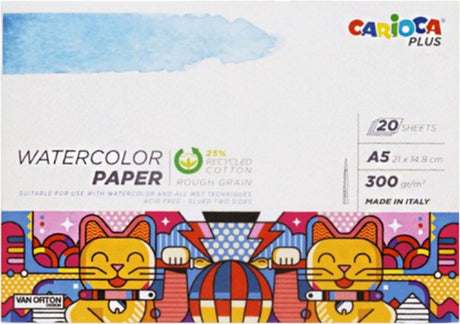 Carioca plus Aquarell-Zeichenblock – A5-Aquarellpapier – 20 Blatt – 300 g m² – geeignet für Aquarell, Aquarellstifte, Tinte und Gouache