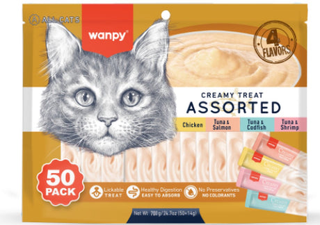 Wanpy Leckbare Snacks 4 Geschmacksrichtungen – Katzensnacks – 50 Stück – Katzenleckerlis