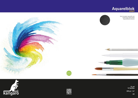 Kangaro Aquarellpapier – A2 – Schwarz – 300 Gramm – 12 Blatt – säurefrei – Aquarellblock – Zeichenblock