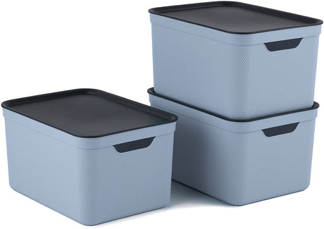 Rotho Jive Aufbewahrungsboxen 3er Set Aufbewahrungsboxen 16 l mit Deckel, Kunststoff (PP recycelt), Blau Anthrazit, 3 x 16 l (37,5 x 27,8 x 29,8 cm)