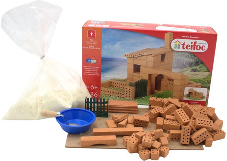 Teifoc® Baukasten – Haus-Finca-Bauset – 86 Teile – echte Mini-Steine mit Zement, Schüssel und Kelle – Bausatz für Kinder ab 6 Jahren