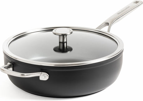 Kitchenaid forged hardened hapjespan 28cm - pfas-vrije antikleeflaag - hapjespan inductie - keramische pan - ovenbestendig tot 160°c - koudgrepen - met glazen deksel - zwart