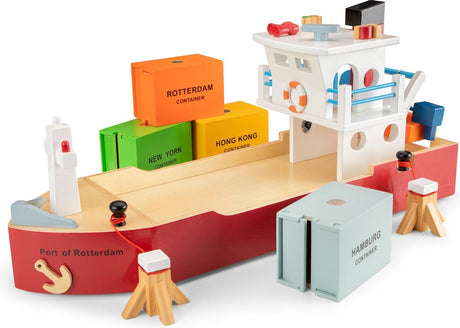 New classic toys ® grote houten speelgoed containerboot - inclusief 4 containers