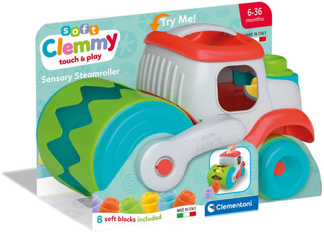 Clementoni Baby Soft Clemmy Dampfwalzenfahrzeug mit Blöcken, 9-teilig.
