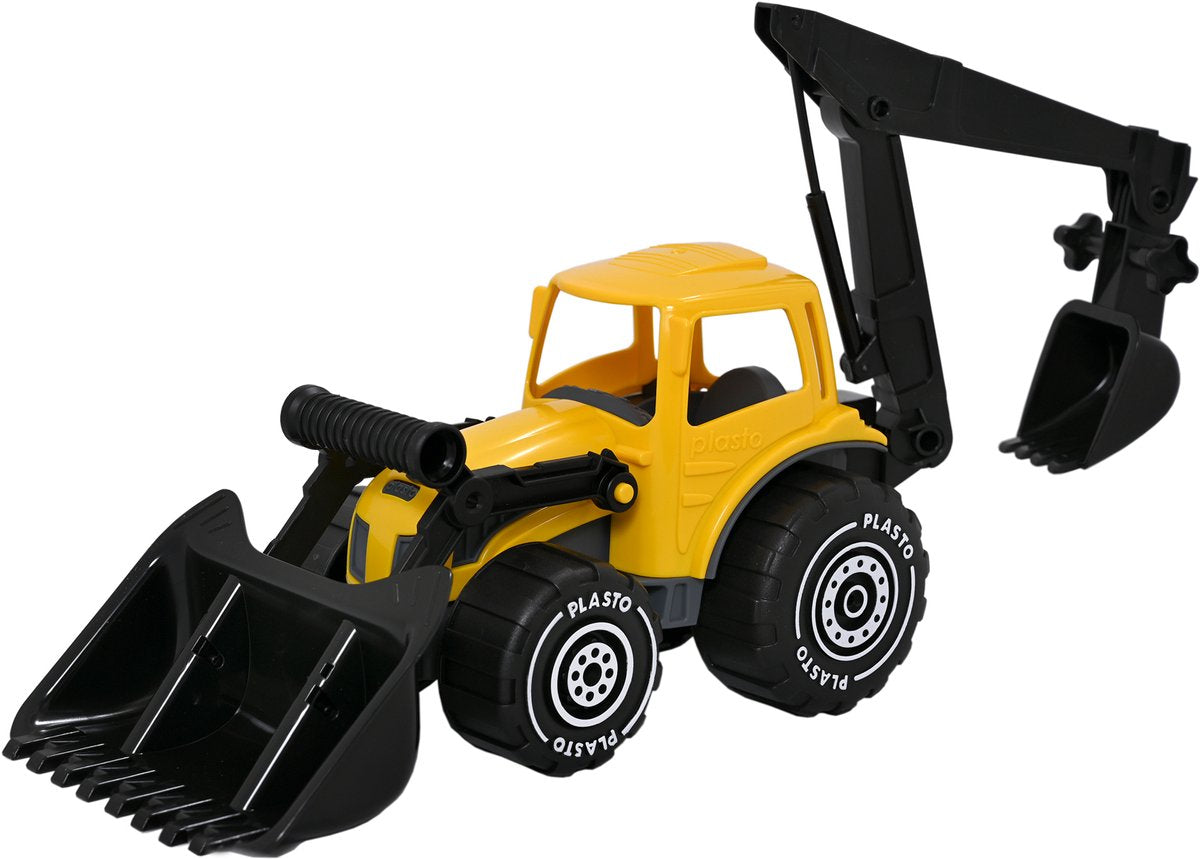 Plasto Traktor mit Frontlader und Baggerarm gelb 57 cm – Spielzeugfahrzeug – Baggerlader – Baggerarm – großer Traktor – BPA-frei – hergestellt in Finnland – ab 1 Jahr