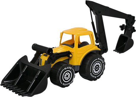 Plasto Traktor mit Frontlader und Baggerarm gelb 57 cm – Spielzeugfahrzeug – Baggerlader – Baggerarm – großer Traktor – BPA-frei – hergestellt in Finnland – ab 1 Jahr