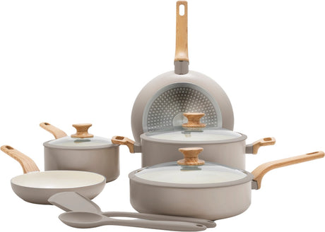 Greenpan Essenzpfannenset 10-teilig – 18 20 24 26 cm – PFAS-freie Antihaftbeschichtung – Induktionspfannenset – Keramikpfanne – ofenfest bis 160 °C – Griffe in Holzoptik – Kaltgriffe – mit Glasdeckel – Taupe