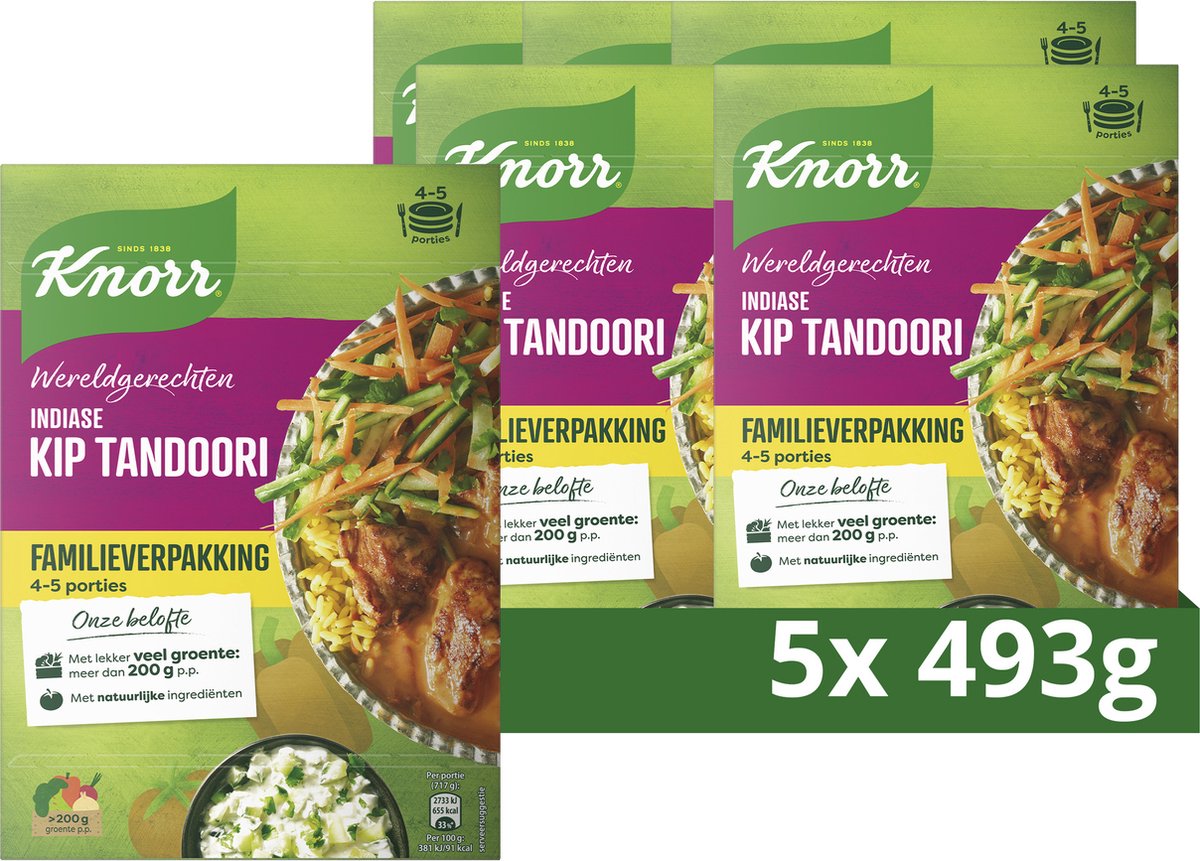 Knorr wereldgerechten maaltijdpakket - indiase kip tandoori xxl - snel, makkelijk en met lekker veel groente - 5 x 493 g