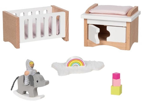Goki Puppenhausmöbel: Design-Kinderzimmer, 12-teilig, 10,2x6x5,5cm (Bett), Buchenholz und Stoff, 3+