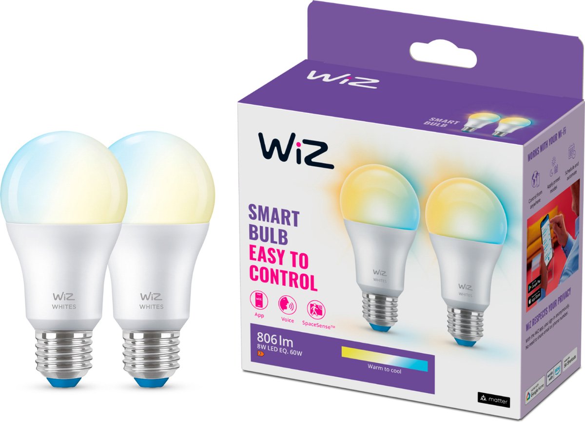 Wiz lamp 2-pack - warm- tot koelwit licht - slimme led verlichting - e27 fitting - 60w - mat - wi-fi