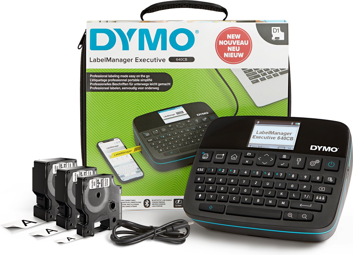 Dymo Label Manager Executive 640 CB tragbares Etikettendrucker-Set mit Tragetasche und 3 Etikettenkassetten | kompakter qwertz-etikettendrucker | Bluetooth-USB-Konnektivität | kompatibel mit d1-Etiketten