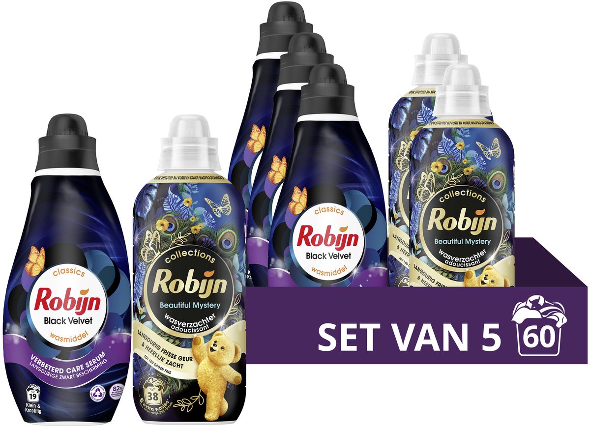 Robijn - perfect match wasmiddel en wasverzachter pakket - black velvet + beautiful mystery - voordeelverpakking - 5 stuks - 60 wasbeurten