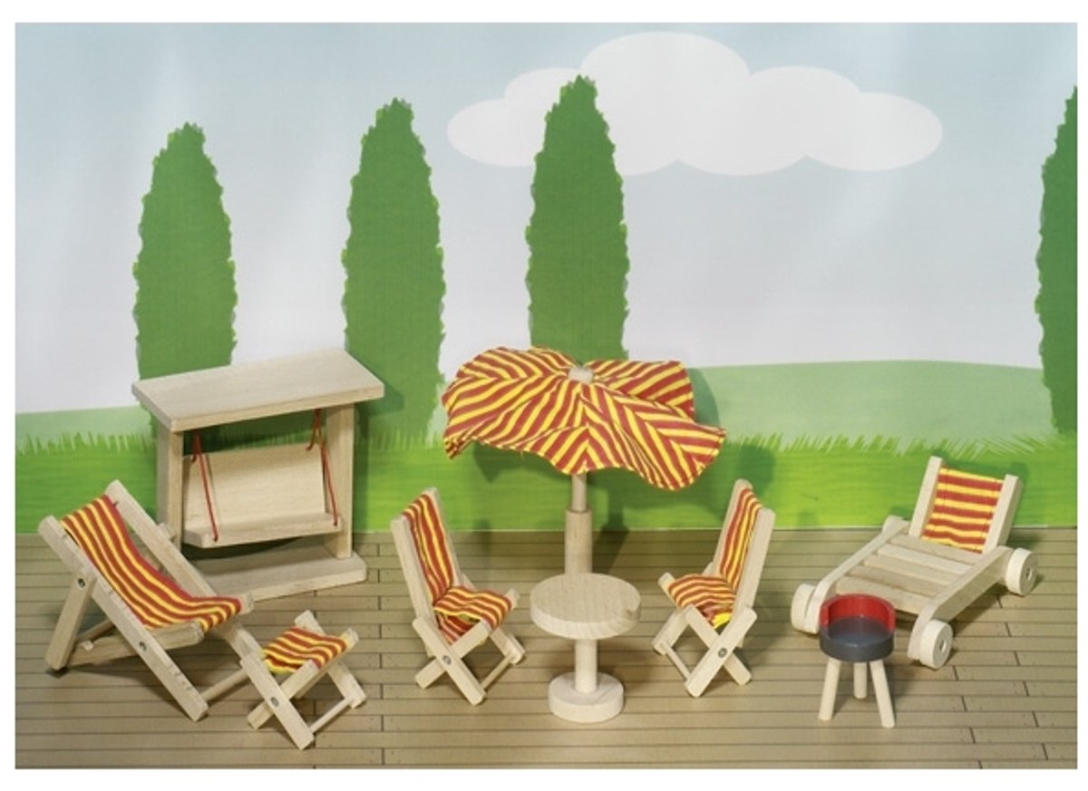 Goki Puppenhausmöbel Serie 2: 9-teilige Gartenmöbel, für Puppe