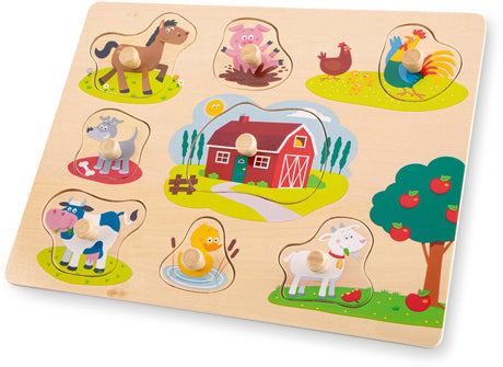 Woet ® houten knoppuzzel boerderij - 8 puzzelstukjes - houten puzzel met knopjes - educatief peuterspeelgoed - vanaf 2 jaar