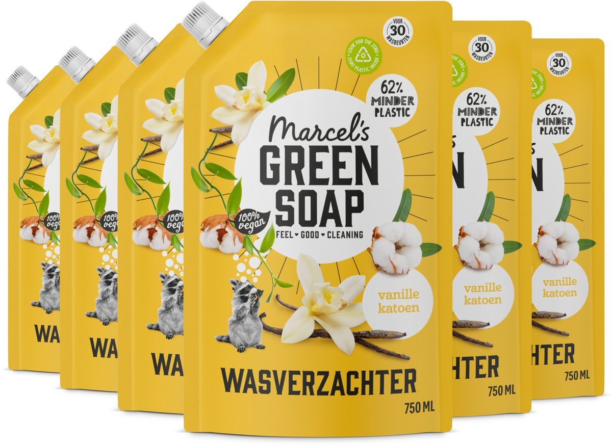 Marcel's green soap wasverzachter navulling - vanille katoen - 6 x 750ml - 180 wasbeurten
