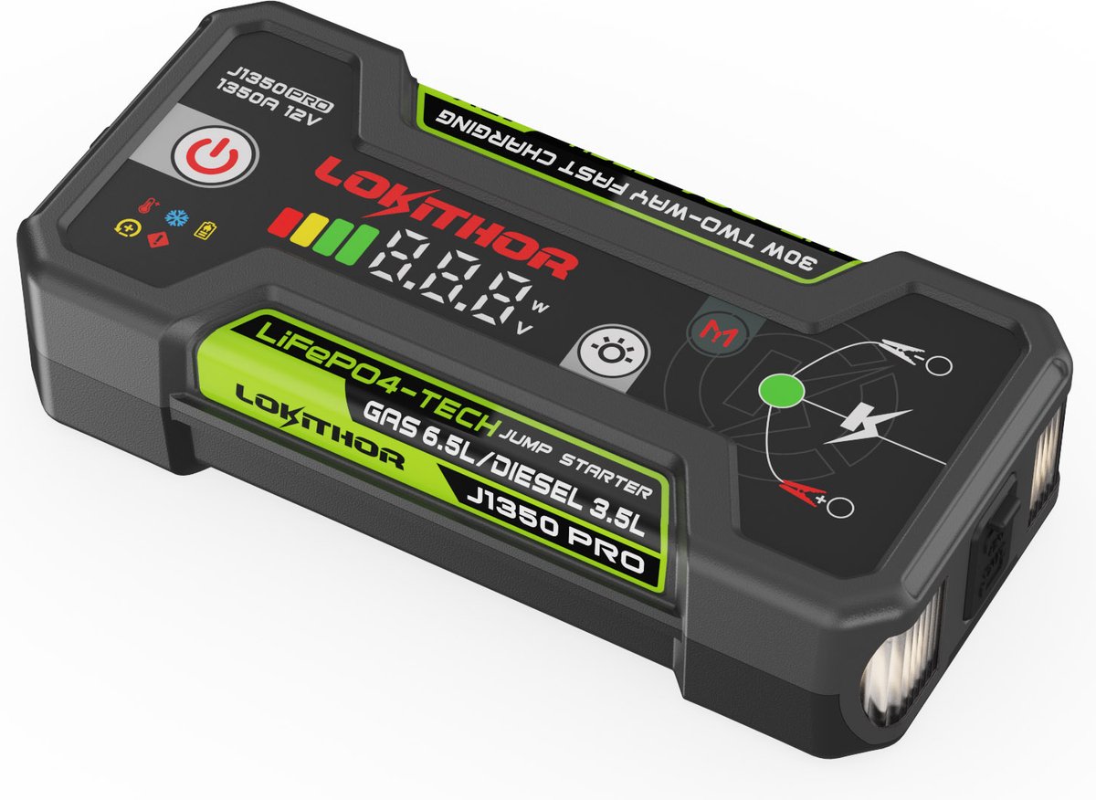 Lokithor Starthilfe j1350 pro – 12 V 1350 A Lifepo4 – Powerbank 30 W – für Auto, Benzin bis 6,5 l Diesel bis 3,5 l – LED-Taschenlampe
