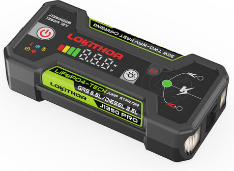 Lokithor Starthilfe j1350 pro – 12 V 1350 A Lifepo4 – Powerbank 30 W – für Auto, Benzin bis 6,5 l Diesel bis 3,5 l – LED-Taschenlampe