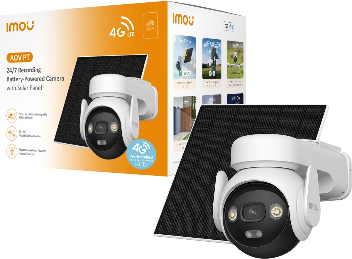 Imou Aov PT Kit – Batteriebetriebene kabellose Überwachungskamera mit Solarpanel – 5 MP 3K – 4G WiFi – 360° PTZ – Kontinuierliche Aufzeichnung