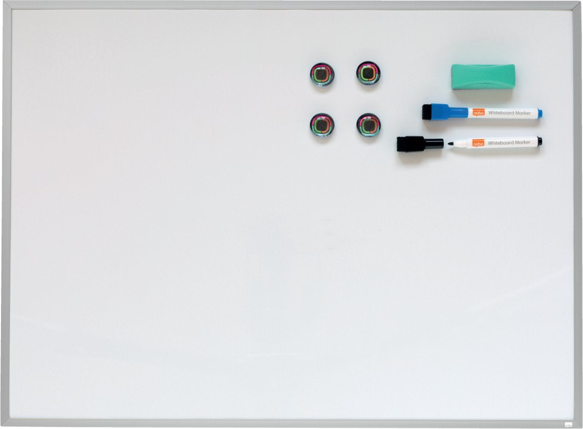 Nobo magnetisches Whiteboard mit Aluminiumrahmen – 58,5 x 43 cm – inklusive Marker, Magneten und Radiergummi – weiß