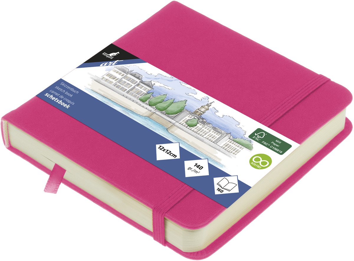 Känguru-Skizzenbuch – 12 x 12 cm – Pink – mit Gummiband und Band