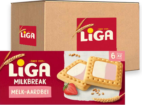 Liga Milkbreak Duo Cookies Milch Erdbeere - Box 12 x 245g - Cookie - Kekse für unterwegs oder Arbeit und Büro