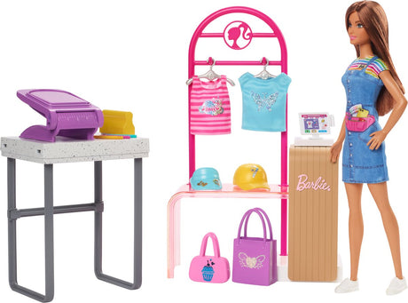 Barbie-Laden – Herstellungs- und Verkaufsboutique, Spielset mit Präsentationsständer und Folie – Puppe