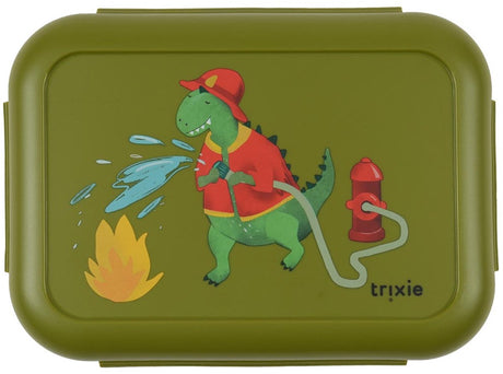 Trixie | lunchbox met clips - fireman mr. dino - rsv lunchbox voor kinderen - gemakkelijk te openen - lunchbox - groen - rvs - lekvrij