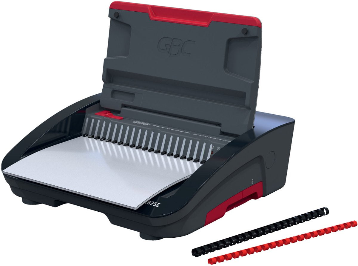 Gbc combbind® cb25e elektrisches Bindegerät – Binderücken aus Kunststoff – 450 Blatt – Schwarz Rot