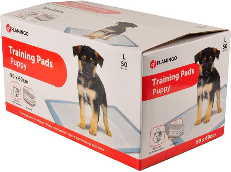 Flamingo-Welpenunterlagen – Trainingsmatte Pady weiß – Töpfchen-Trainingsmatte für Welpen und Hunde – 5-lagig – saugfähig, schnell trocknend – Größe L – 90 x 60 cm – 50 Stück