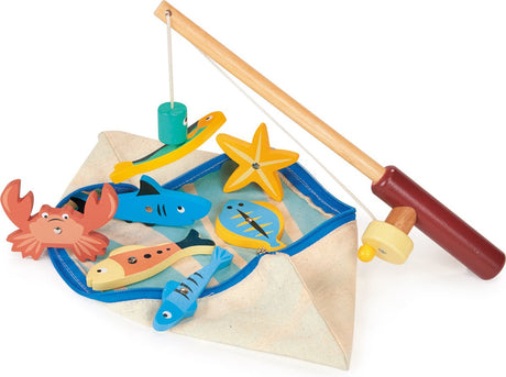 Mentari-Spiel – Angeln – mit Angelrute aus Holz – 7 magnetische Meerestiere – 2 Jahre