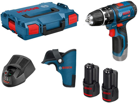Bosch Professional GSB 12V-15 – Akku-Schlagbohrschrauber – inkl. 2 GBA 12V x Akku (2,0 Ah) – Gal 12V-40 Ladegerät – Holster – L-Boxx