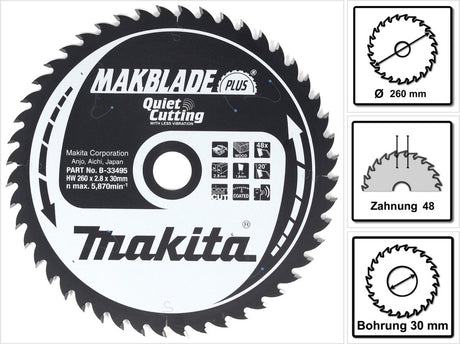 Makita Zubehör Tischkreissägeblatt | Holz | q c 260x30x2,8 48t 20g - b-33495