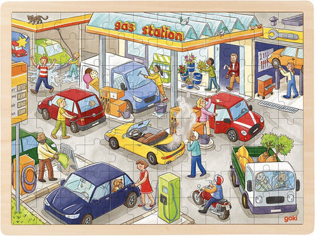 Goki Puzzle: Tankstelle 40x30x0,8cm, 96-teilig, Holz, 3+